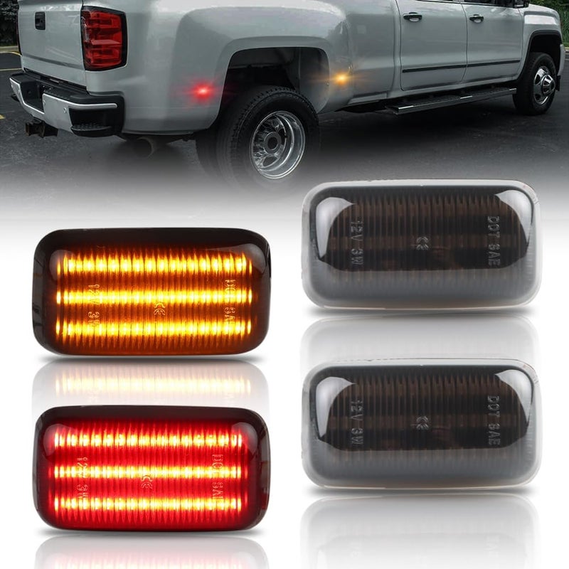 OFFKAT Front & Rear Side Marker Lights for Chevy Silverado GMC Sierra 2500HD 3500HD 2015-2023, Smoked Lens Bumper Lamps, [3 Light Beads 45 SMD Chips Super Bright] Amber & Red Turn Signal Lights, 4 PCS - Image 1